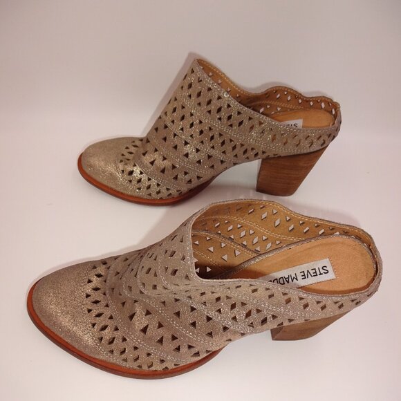 Womens Steve Madden Harmony Gold Leather Mules 8.5M 8.5 Cutouts Heels Shoes - Picture 4 of 9
